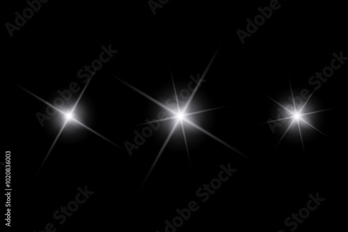 White sparkle lights, flashing lights, light effects, sunlight lens flare, glowing ray beams, sparkling starsicon on black background.