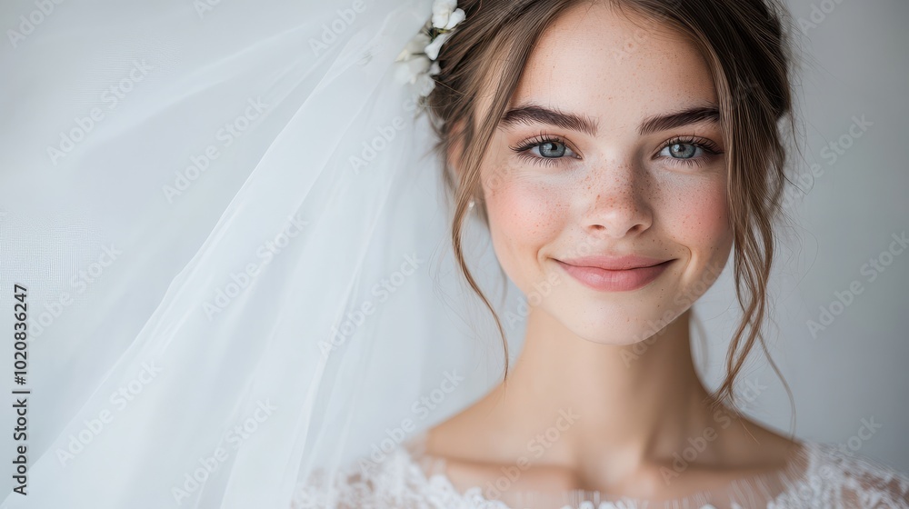 Close-Up Portrait of Bride in Veil with Freckles and Gentle Smile Close-Up Portrait of Bride in Veil with Freckles and Gentle Smile