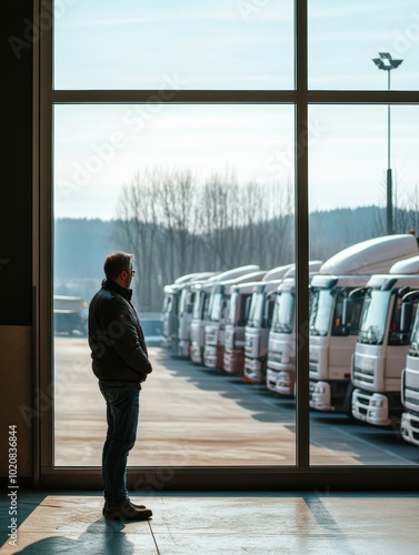 Pensive man observing a fleet of trucks through large windows in a truck depot.