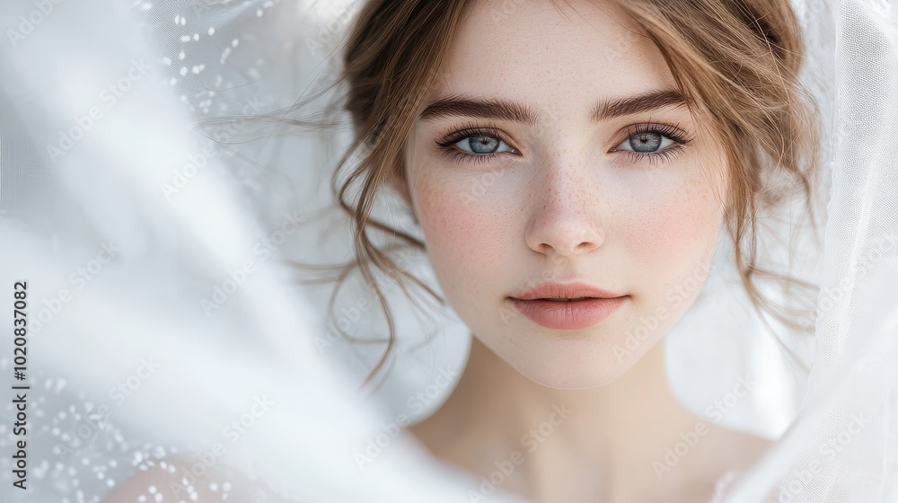 Close-Up Portrait of a Bride with Freckles and Soft Expression Close-Up Portrait of a Bride with Freckles and Soft Expression