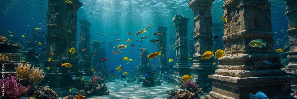 A coral reef with many fish swimming around. The fish are of different colors and sizes. The water is clear and blue A coral reef with many fish swimming around. The fish are of different colors and sizes. The water is clear and blue