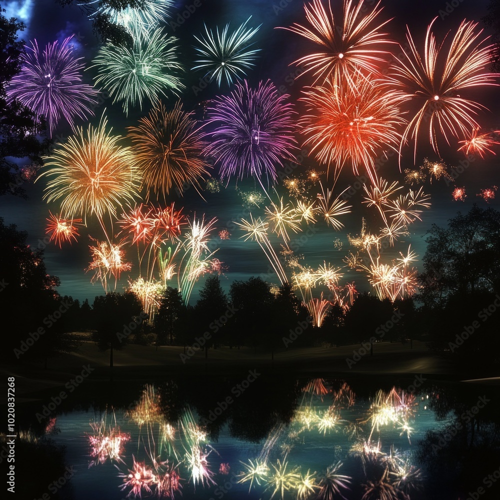 Obraz premium A night sky filled with bright fireworks in different colors,