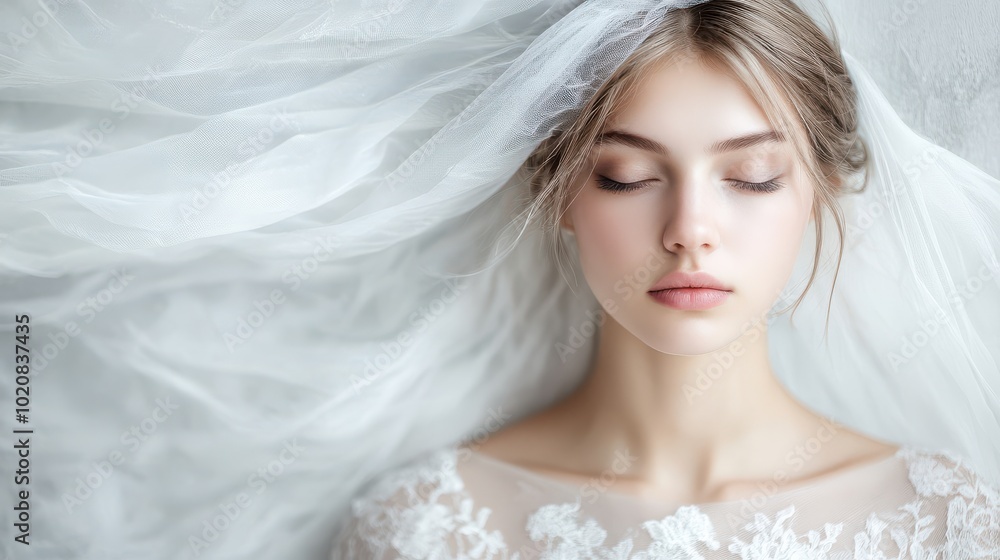 Bride with Closed Eyes in Lace Wedding Dress and Veil Bride with Closed Eyes in Lace Wedding Dress and Veil