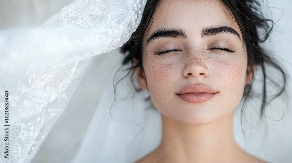 Freckled Bride with Eyes Closed Under a Lace Veil Freckled Bride with Eyes Closed Under a Lace Veil