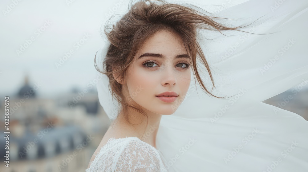 Portrait of a young bride with flowing veil and soft makeup Portrait of a young bride with flowing veil and soft makeup