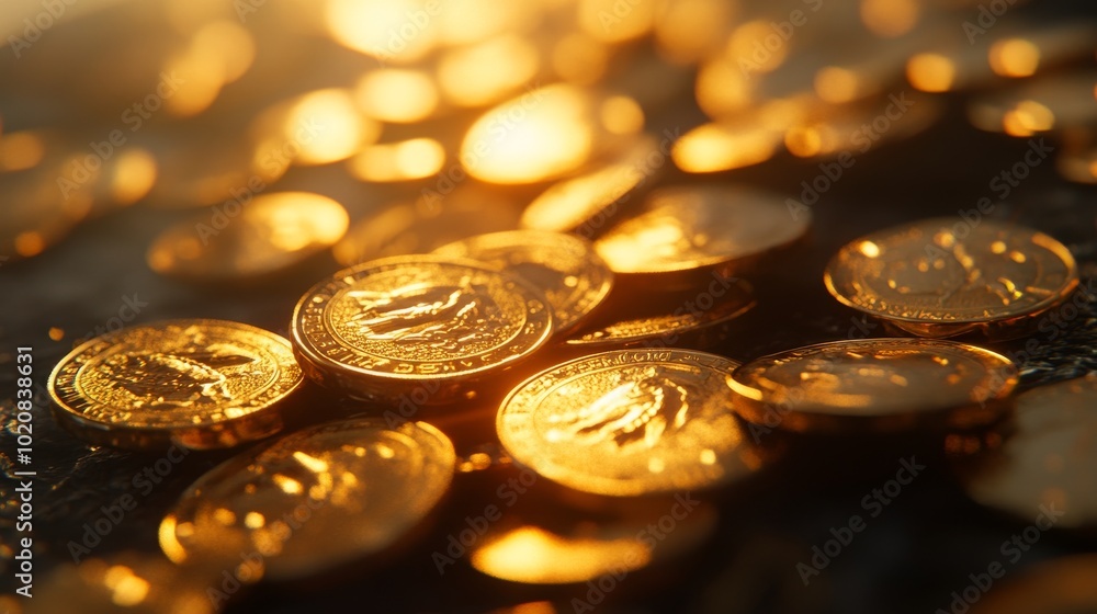Realistic 3D-rendered gold coins scattered on a table under soft lighting. Realistic 3D-rendered gold coins scattered on a table under soft lighting.