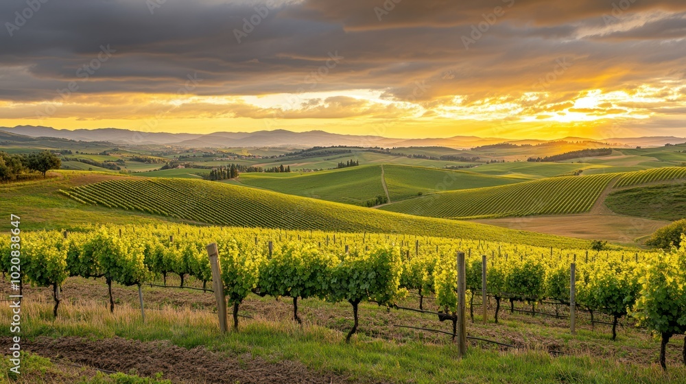 Naklejka premium Rolling Hills Vineyard at Sunset in Tuscany