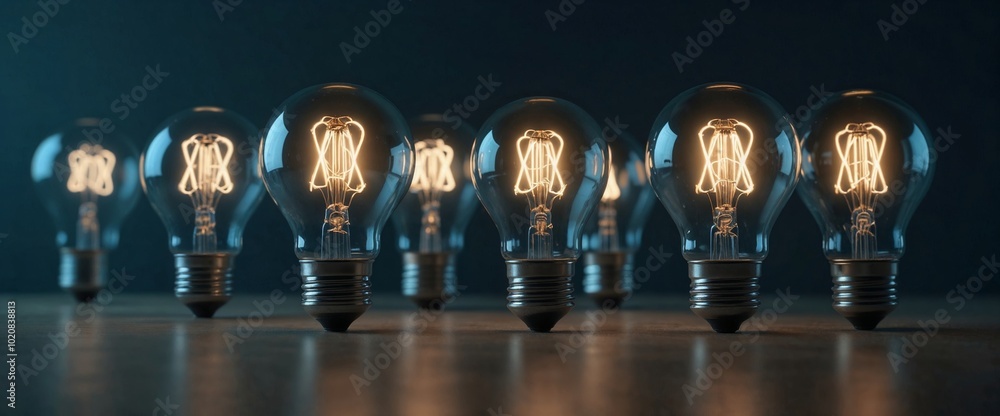 A row of light bulbs are lit up. They are all the same color. There are nine bulbs in total A row of light bulbs are lit up. They are all the same color. There are nine bulbs in total
