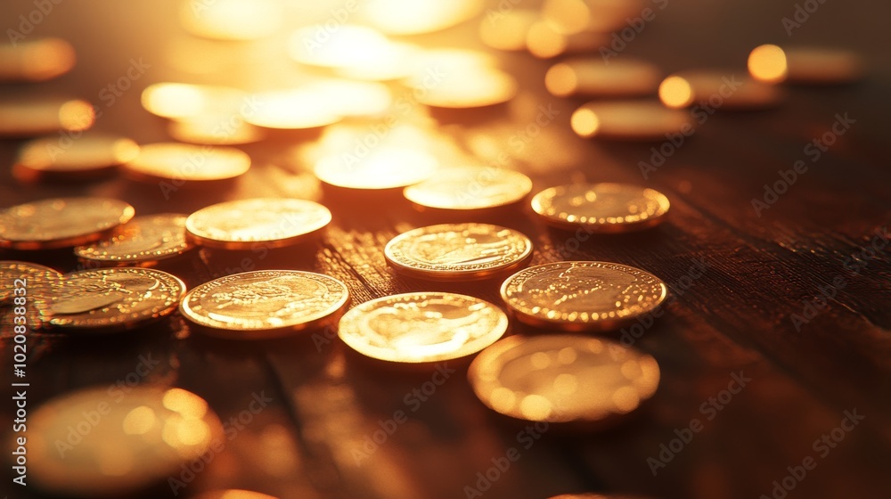 Realistic 3D-rendered gold coins scattered on a table under soft lighting. Realistic 3D-rendered gold coins scattered on a table under soft lighting.