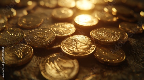 Realistic 3D-rendered gold coins scattered on a table under soft lighting.