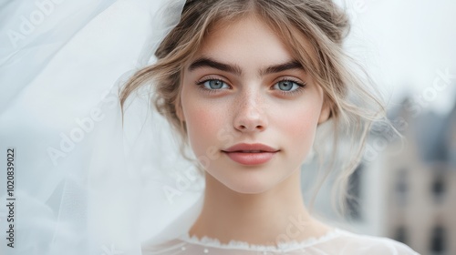 Close-up portrait of a young bride with natural makeup and a soft expression