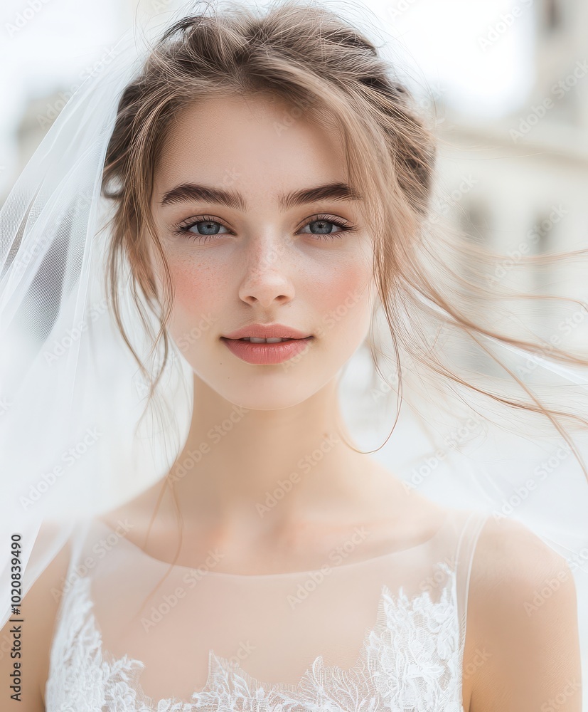 Bride in white dress and veil, looking at camera outdoors