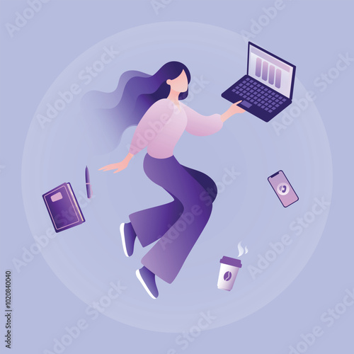 Businesswoman working on a laptop on a purple background. multitasking while working