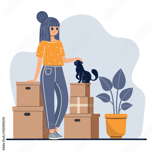 Woman and cat ready to move to a new home. Packaged items, boxes, indoor plant, blue color