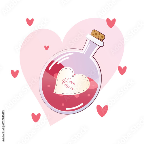 Love potion in pink bottle for who wants to fall in love. Valentine's Day, love, pink, vector, hearts. 