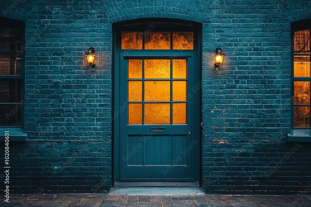 A Single Doorway on a Brick Wall with Two Wall Lights A Single Doorway on a Brick Wall with Two Wall Lights