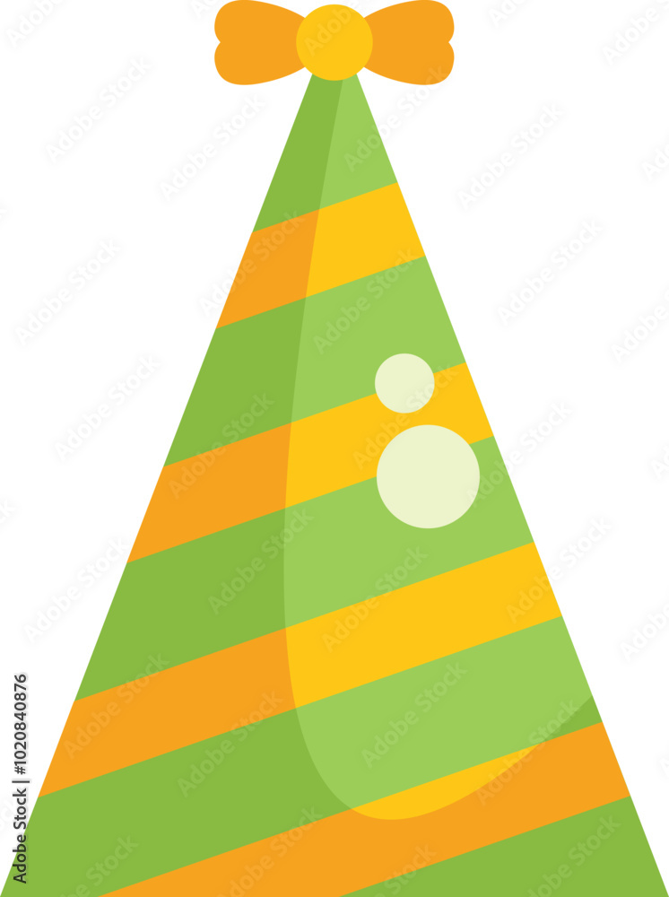 Festive green and orange striped party hat with a yellow bow, capturing the joy and excitement of celebrations Festive green and orange striped party hat with a yellow bow, capturing the joy and excitement of celebrations