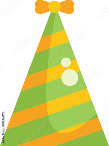 Festive green and orange striped party hat with a yellow bow, capturing the joy and excitement of celebrations