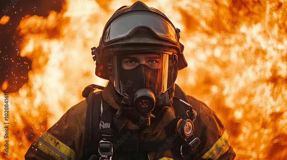 Firefighter in Full Gear Facing Blazing Inferno Firefighter in Full Gear Facing Blazing Inferno