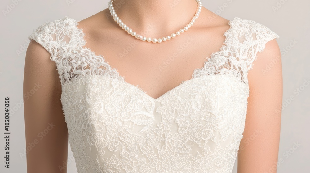 A close-up view of a bride's elegant wedding dress featuring intricate lace details and a pearl necklace. A close-up view of a bride's elegant wedding dress featuring intricate lace details and a pearl necklace.