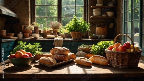 fresh bread, fruit, vegetables in a basket on the table