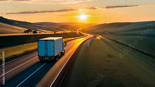Delivery Truck Driving on Open Highway at Sunset

