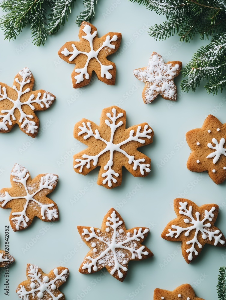 Beautifully decorated snowflake cookies on a light surface with festive greenery. Beautifully decorated snowflake cookies on a light surface with festive greenery.