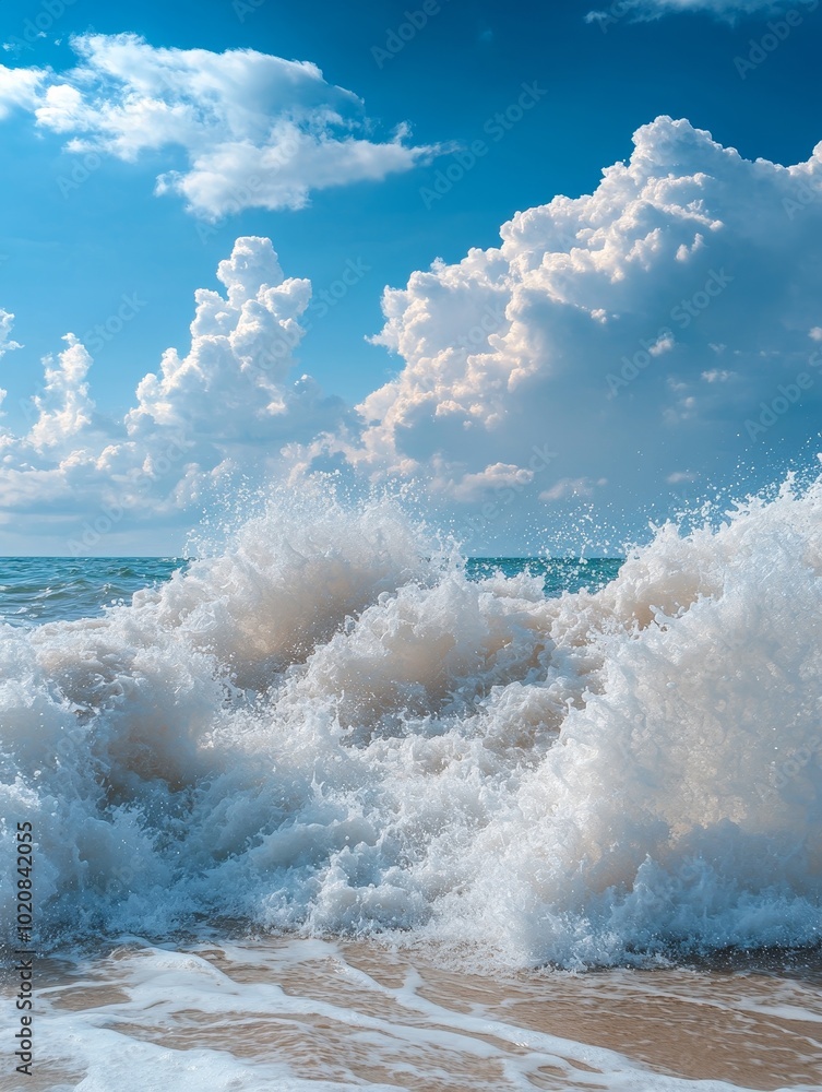 Fototapeta premium Ocean waves crash violently against the shore under a bright blue sky with fluffy white clouds in the late afternoon sun