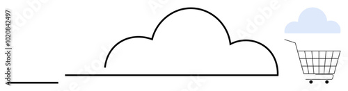 Simple black and white outline of a cloud with a shopping cart underneath. Ideal for themes of cloud computing, online shopping, modern business, digital technology, and e-commerce platforms