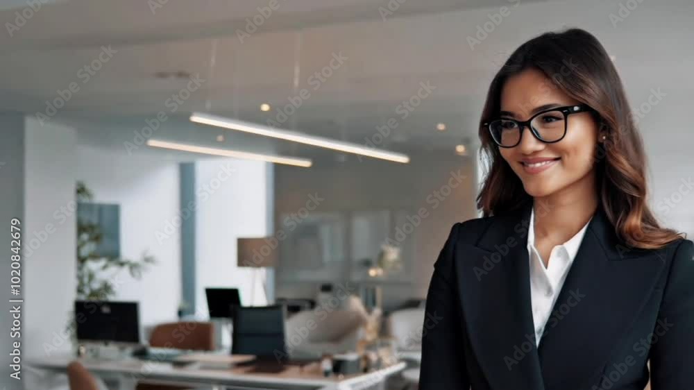businesswoman in office, woman in a suit walking through an office, smiling and looking over her shoulder businesswoman in office, woman in a suit walking through an office, smiling and looking over her shoulder