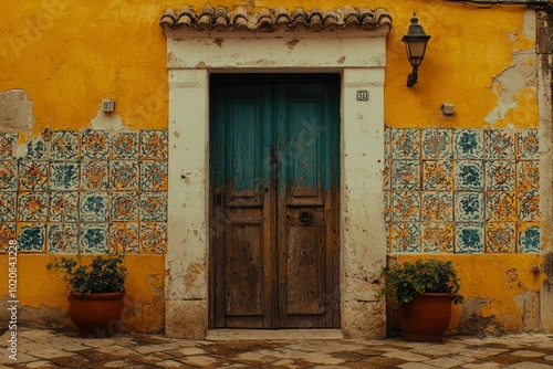 Weathered Wooden Doorway with Colorful Tile Accents on a Yellow Wall