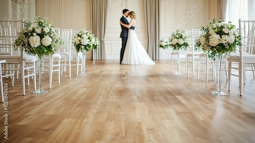 A couple dances lovingly in a beautifully decorated wedding venue, surrounded by elegant floral arrangements and serene ambiance. photo