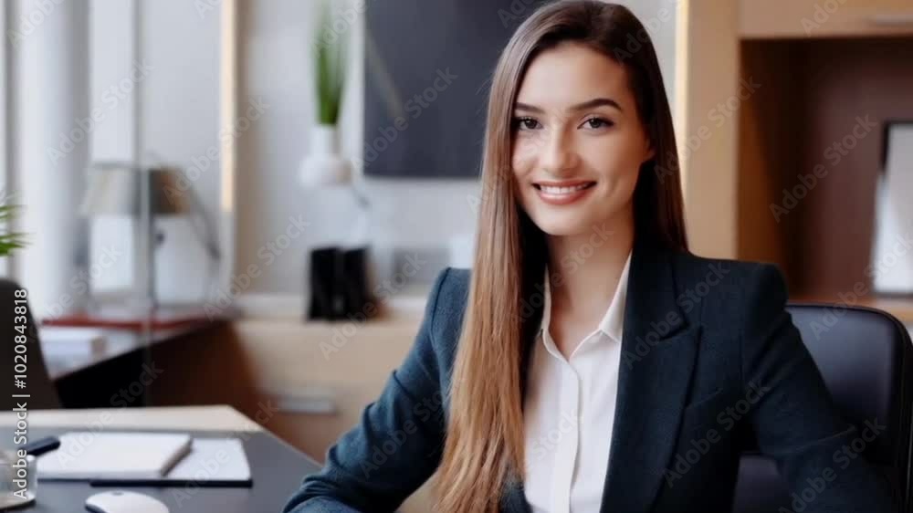 portrait of a smiling businesswoman, A young woman is sitting at a desk, smiling and looking into the camera. She is wearing a suit and is surrounded by office furniture. portrait of a smiling businesswoman, A young woman is sitting at a desk, smiling and looking into the camera. She is wearing a suit and is surrounded by office furniture.