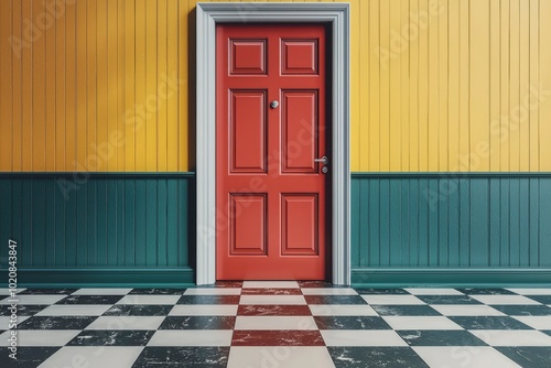 Red Door with White Frame and Checkerboard Floor in a Room with Yellow and Green Walls