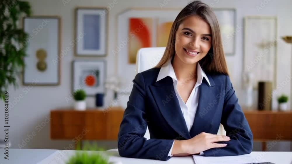 portrait of a businesswoman, young woman in a professional setting, sitting at a desk and smiling as she looks over some papers portrait of a businesswoman, young woman in a professional setting, sitting at a desk and smiling as she looks over some papers
