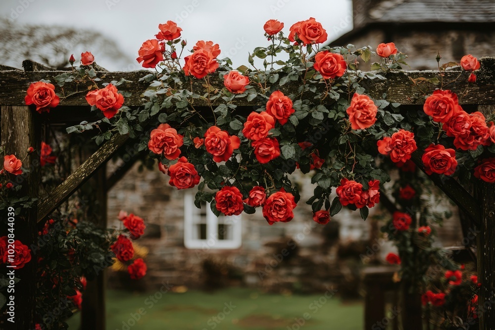 Naklejka premium Red Roses Cascading Over a Wooden Archway