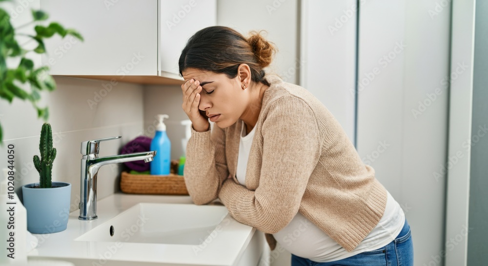 Woman with Headache Leaning on Bathroom Sink Woman with Headache Leaning on Bathroom Sink