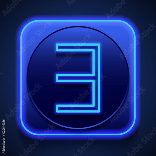 Number three, numeral simple icon vector. Flat design. Blue neon style on button. With shadow