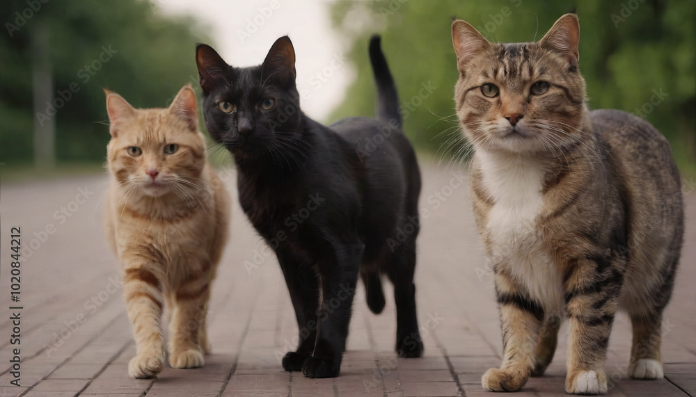 Several domestic cats pose for the camera while out for a walk. Several domestic cats pose for the camera while out for a walk.