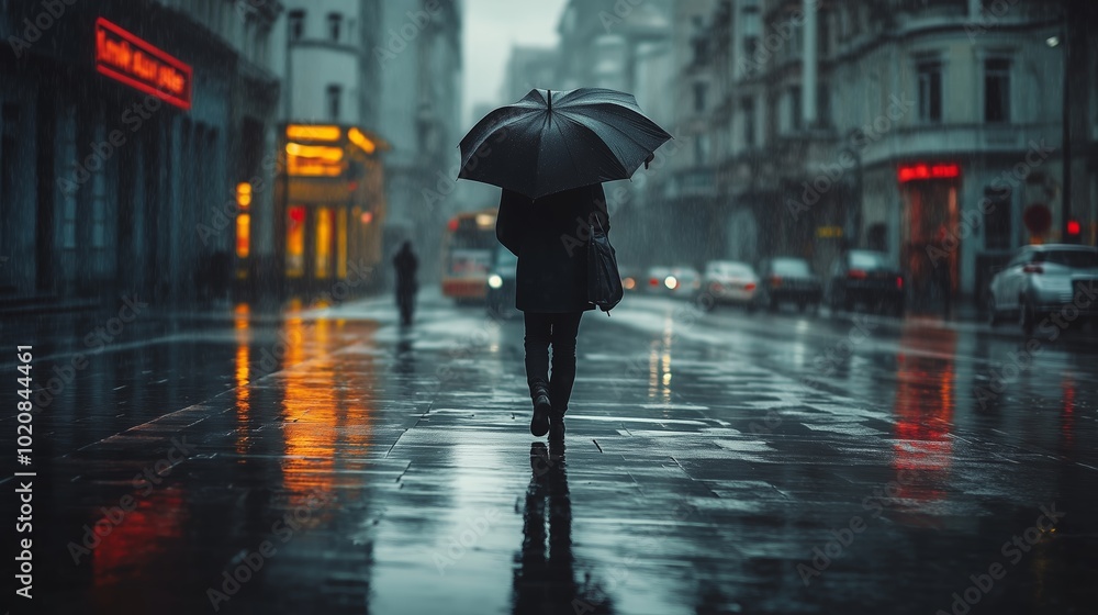 Obraz premium A person walking with an umbrella on a rainy street illuminated by city lights during twilight