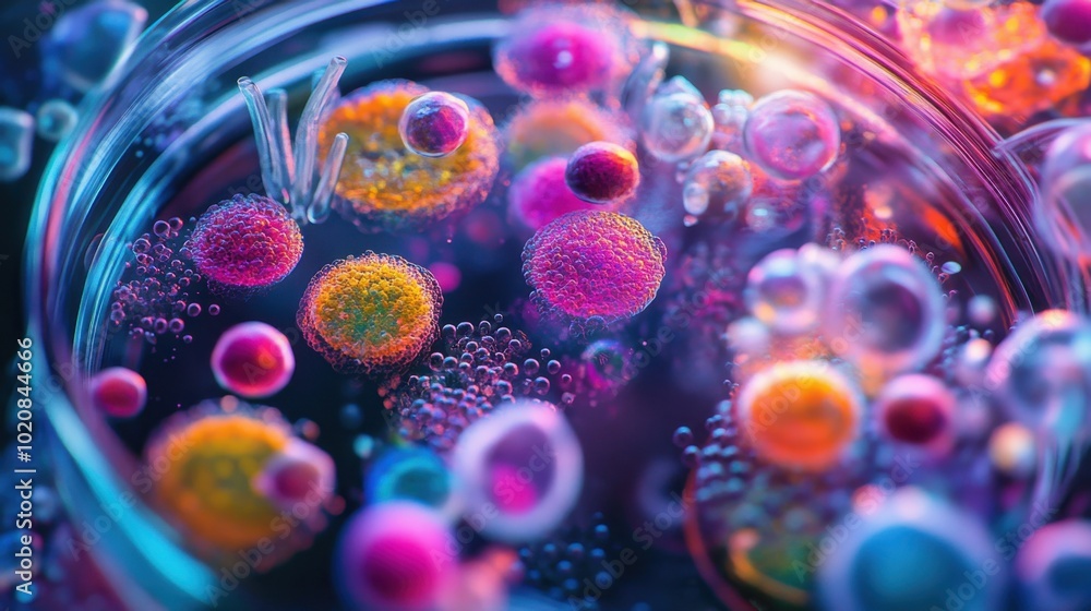 Vibrant microorganisms swirling inside a petri dish, with colorful protozoa, fungi, and bacteria captured in a super macro lab research scene Vibrant microorganisms swirling inside a petri dish, with colorful protozoa, fungi, and bacteria captured in a super macro lab research scene