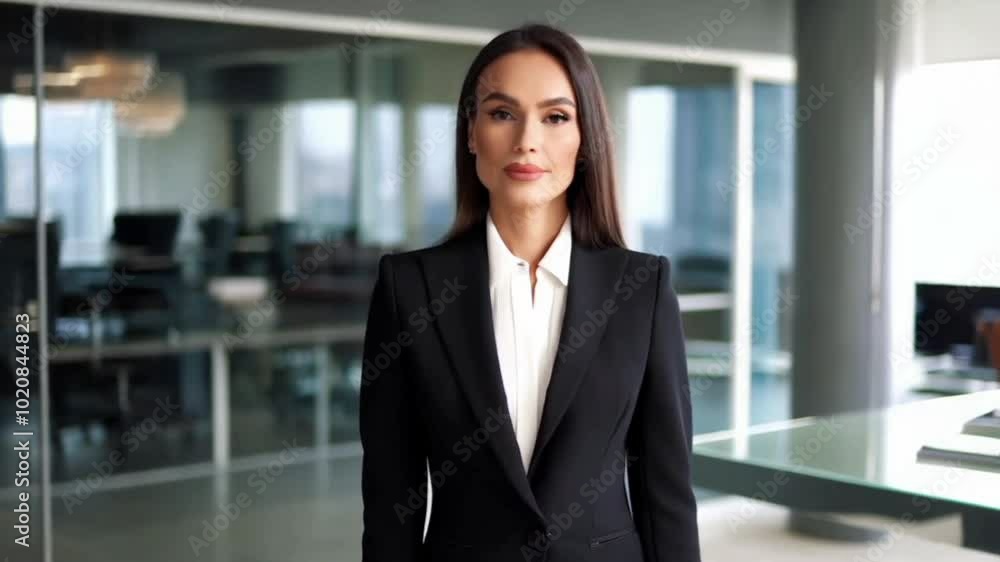portrait of a businesswoman, woman in a black suit walking through an office, turning her head to the side, and smiling portrait of a businesswoman, woman in a black suit walking through an office, turning her head to the side, and smiling