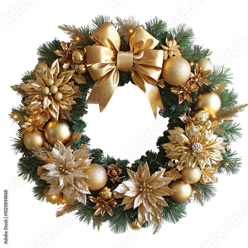 Gold christmas wreath with flowers and ornaments.