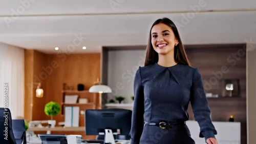 woman in office, Beautiful young woman in a business office setting smiling at the camera and walking towards the viewer