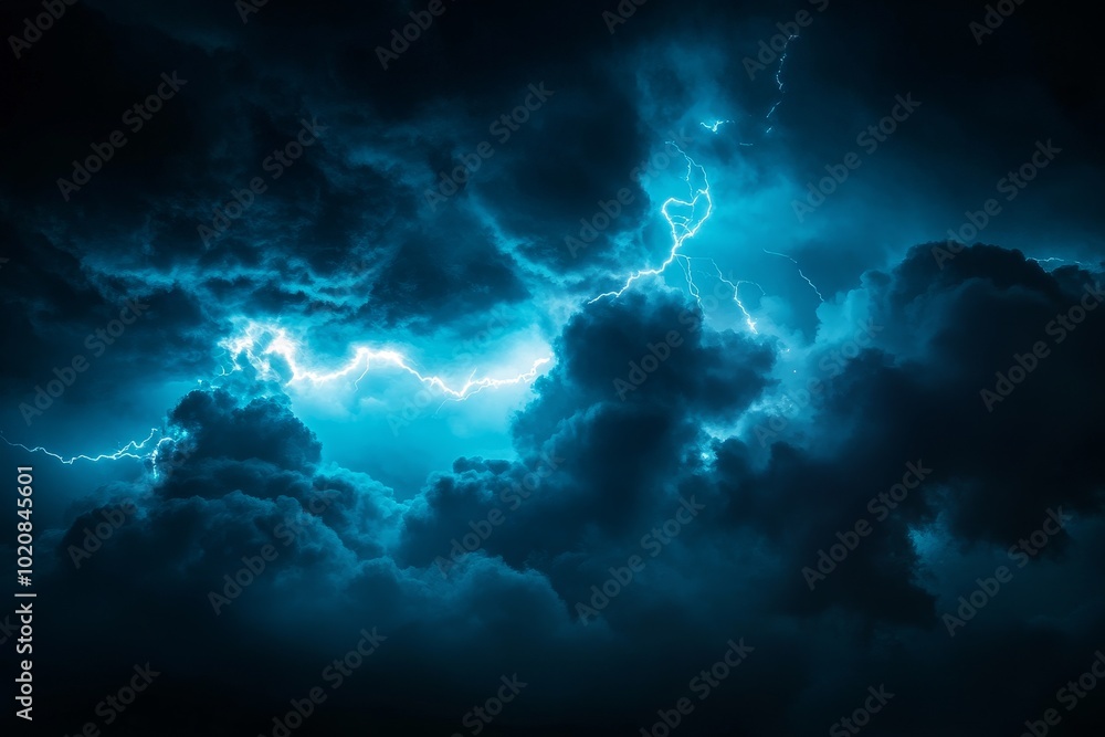 Dramatic night sky filled with bright lightning illuminating dark storm clouds over a tranquil landscape Dramatic night sky filled with bright lightning illuminating dark storm clouds over a tranquil landscape