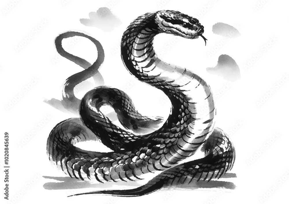 Fototapeta premium 2025年巳年年賀状素材水墨画風