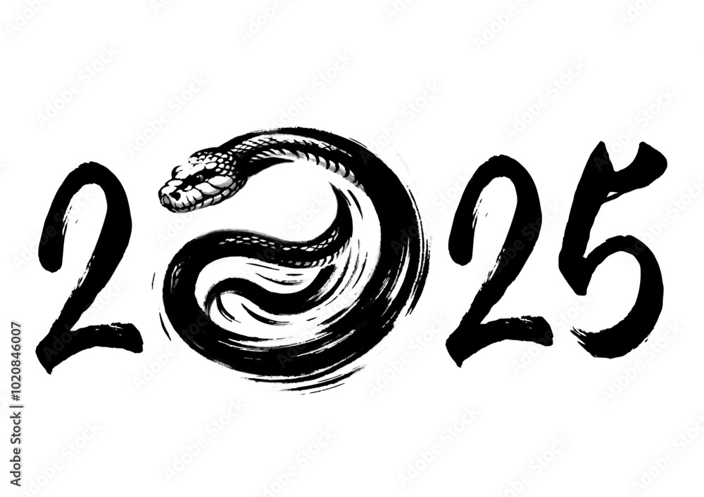 Obraz premium 2025年巳年年賀状素材筆文字