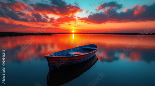 Calm still lake at sunset with small boat in the front; quiet place