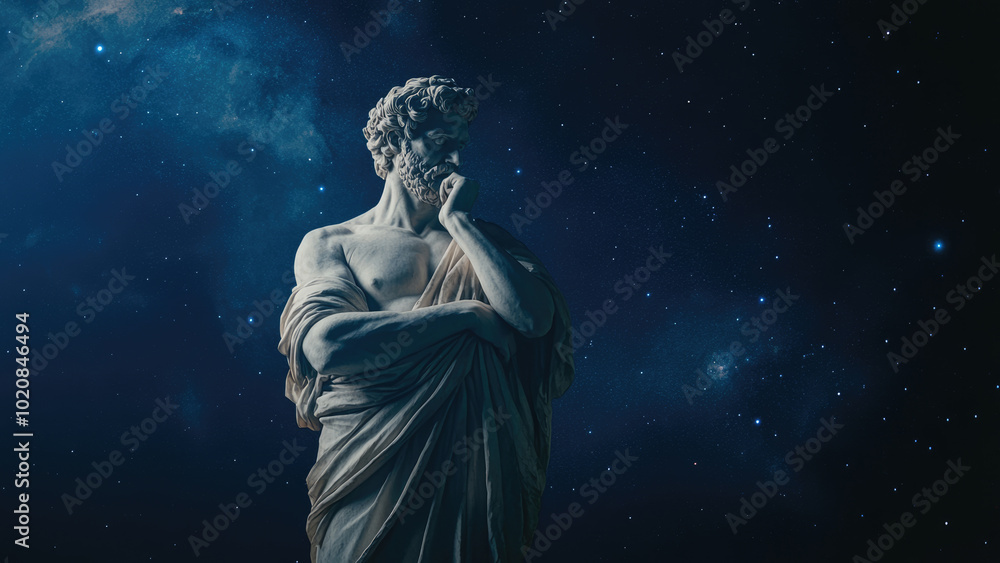 Contemplative statue under a starry night sky Contemplative statue under a starry night sky