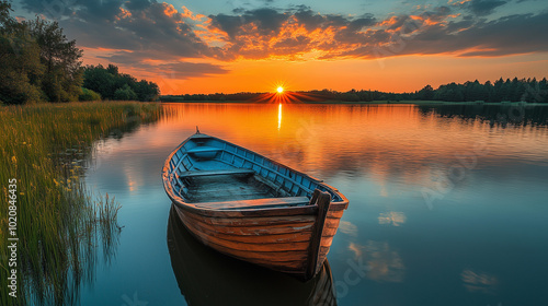 Calm still lake at sunset with small boat in the front; quiet place